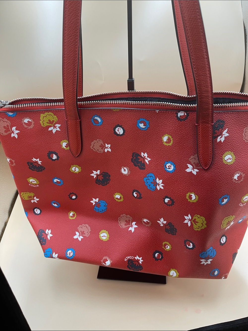Coach Red Floral Tote with Multicolor Accents so cute with orig hangtag - Picture 4 of 7